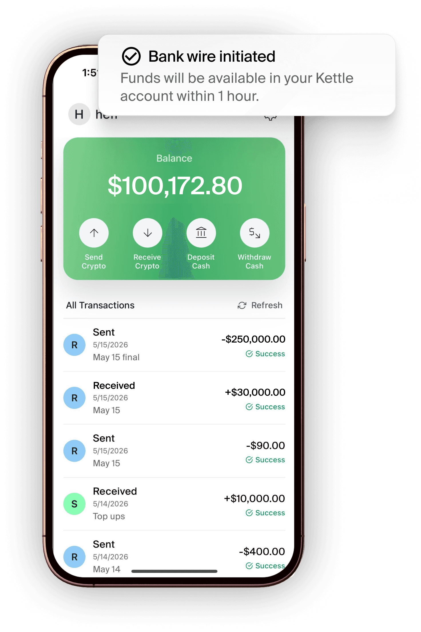 Kettle Pay iOS app showing balance and transactions